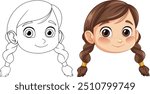 Illustration of a girl with pigtail braids