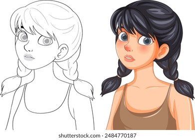 Ilustración de una chica con trenzas de coleta