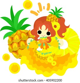 The illustration of the girl in the pineapple dress