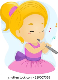 Illustration of a Girl in a Pink Dress Playing the Flute