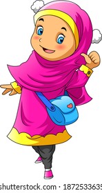 The illustration of the girl with the pink dress and veil using the the blue sling bag with the love accessories