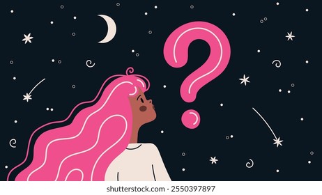 Ilustración de una niña con el pelo rosado que sopla un signo de interrogación de la goma de mascar, puesto contra un cielo nocturno con estrellas y luna creciente