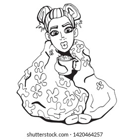 Illustration of a girl in a plaid with a cup