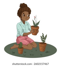Illustration of a girl planting a flower in a pot while sitting on the ground, surrounded by other potted plants.