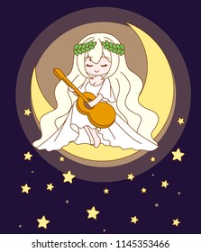 Illustration  a Girl play musical instrument in the moon on the sky