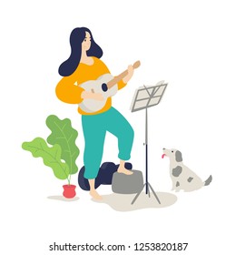 Illustration of a girl playing an acoustic guitar. Vector. Flat cartoon style. Music lessons. The dog listens to the game of the hostess on a musical instrument. Education and study at home. Hobby.