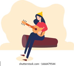 Ilustración de una chica tocando una guitarra acústica. Vector. Estilo plano. Clases de música. Educación y estudio. Hobby