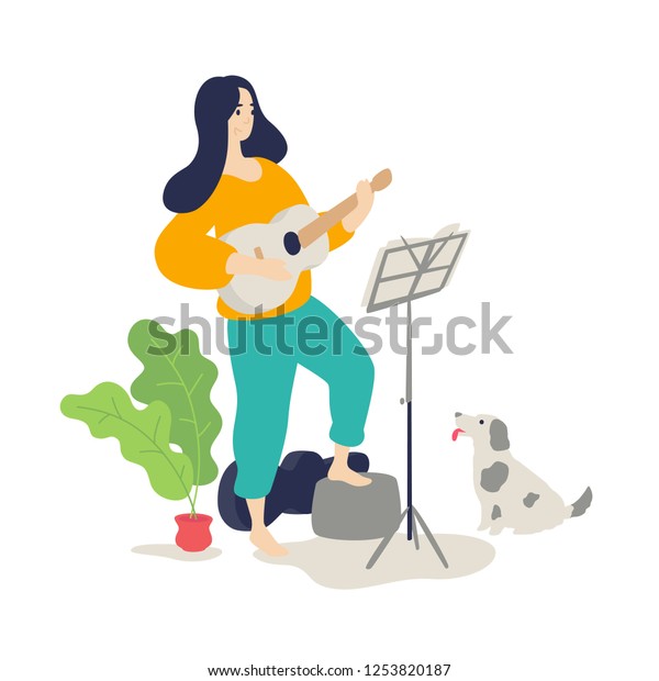 アコースティックギターを弾く女の子のイラスト ベクター画像 フラットなカートーンのスタイル 音楽レッスン その犬は ホステスの楽器の試合を聴く 家庭での教育と勉強 趣味 のベクター画像素材 ロイヤリティフリー