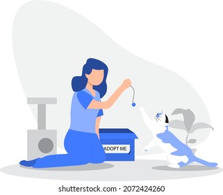 Illustration of a girl playing with an adopted cat
