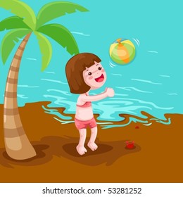 illustration of a girl playing ball at the beach