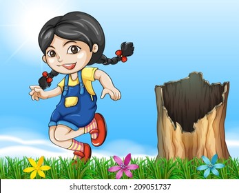 Illustration of a girl playing beside the stump