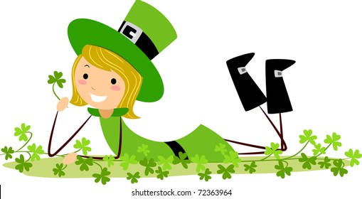 Illustration of a Girl Playing with Clovers