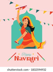 Illustration of girl playing Dandiya in  Garba Night poster for Navratri festival of India