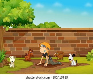 Illustration of a girl playing with dogs