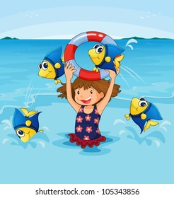 Illustration of girl playing with fish