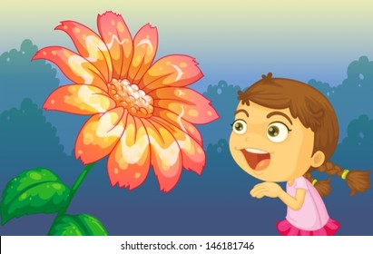 Illustration of a girl playing in front of the giant flower 