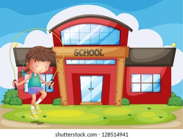 Illustration of a girl playing in front of the school