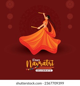 Ilustración de una chica jugando a Garba y Dandiya en la alegre celebración de Navratri Mandala Antecedentes