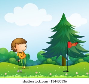 Illustration of a girl playing golf in the hill