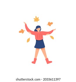 illustration of a girl playing happily in autumn. enjoy the fallen leaves. autumn clothes. people activity. flat cartoon style. vector design