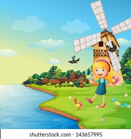 Illustration of a girl playing with her birds near the barnhouse with windmill
