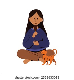 Illustration of a Girl Playing with Her Cat