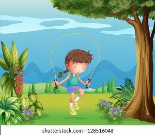 Illustration of a girl playing jumping rope near the tree