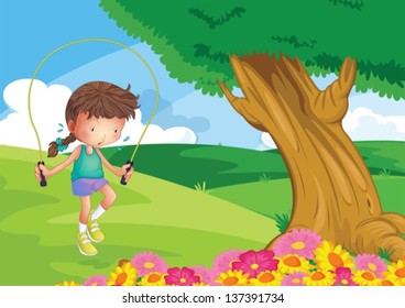 Illustration of a girl playing jumping rope at the hill