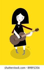 Illustration of a girl playing on acoustic guitar.
