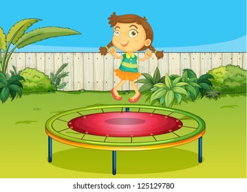 Illustration of a girl playing on trampoline in a beautiful nature