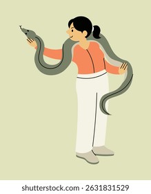 illustration of a girl playing with a snake.