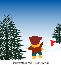 Illustration Of A Girl Playing Snow From Behind. Suitable Winter Background And Christmas Background