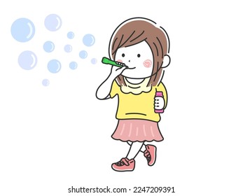 Illustration of a girl playing soap bubbles.