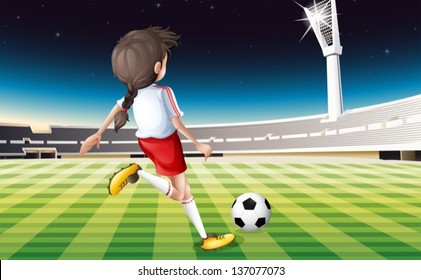 Illustration of a girl playing soccer at the field