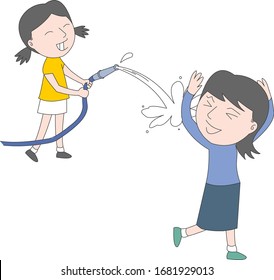 Illustration of a girl playing with water with a hose.