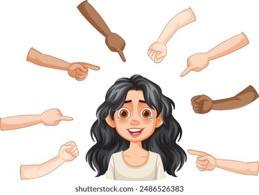 Illustration of girl with pointing hands around her