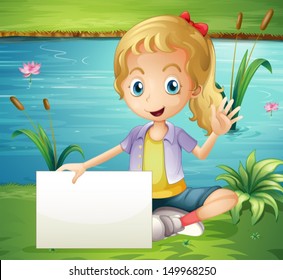 Illustration of a girl at the pond holding an empty signboard