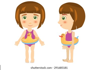 Illustration of a girl posing front and side wearing a bathing suit 