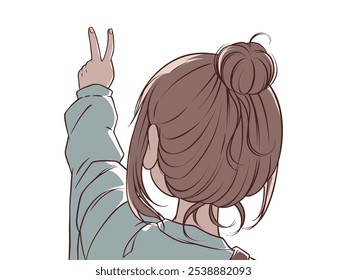 Illustration of a girl posing with her hands seen from behind, isolated on a white background