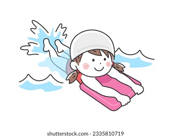 An illustration of a girl practicing using a kickboard at a swimming school.