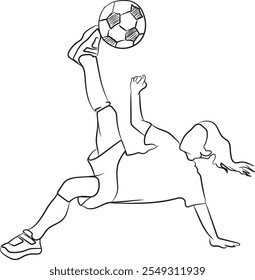 Illustration of a girl practising a football somersault. Illustration of sporty children kicking a ball by jumping.