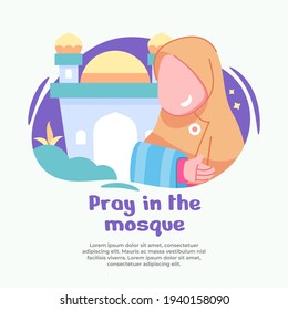 illustration of girl praying happily in mosque