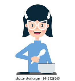 Illustration of a girl preparing food on an induction stove. Simple flat style. Character teenager prepares his own breakfast. Childrens book design.