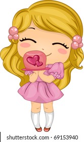 Illustration of a Girl Presenting a Valentine-themed Cake