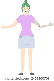 Ilustración de una niña con un brazo protésico en estilo plano. Ilustración plana sobre el tema de la positividad corporal.