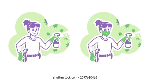 Illustration of a girl in protective gloves splashes disinfectant. We also provide this illustration with a protective mask. With this image you can, for example, demonstrate your services.