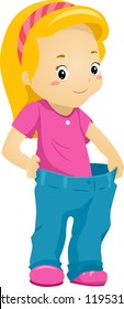 Illustration of a Girl Proudly Demonstrating the Weight She Lost
