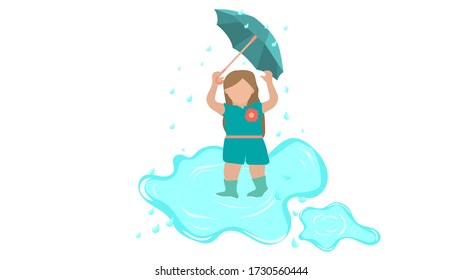 Illustration of a girl in a puddle with an umbrella. Vector image, eps 10