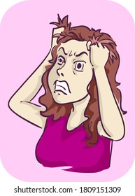 Illustration of a Girl Pulling Her Hair Out, Angry and Agitated