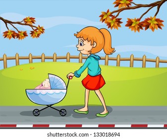 Illustration of a girl pushing a stroller with a sleeping baby
